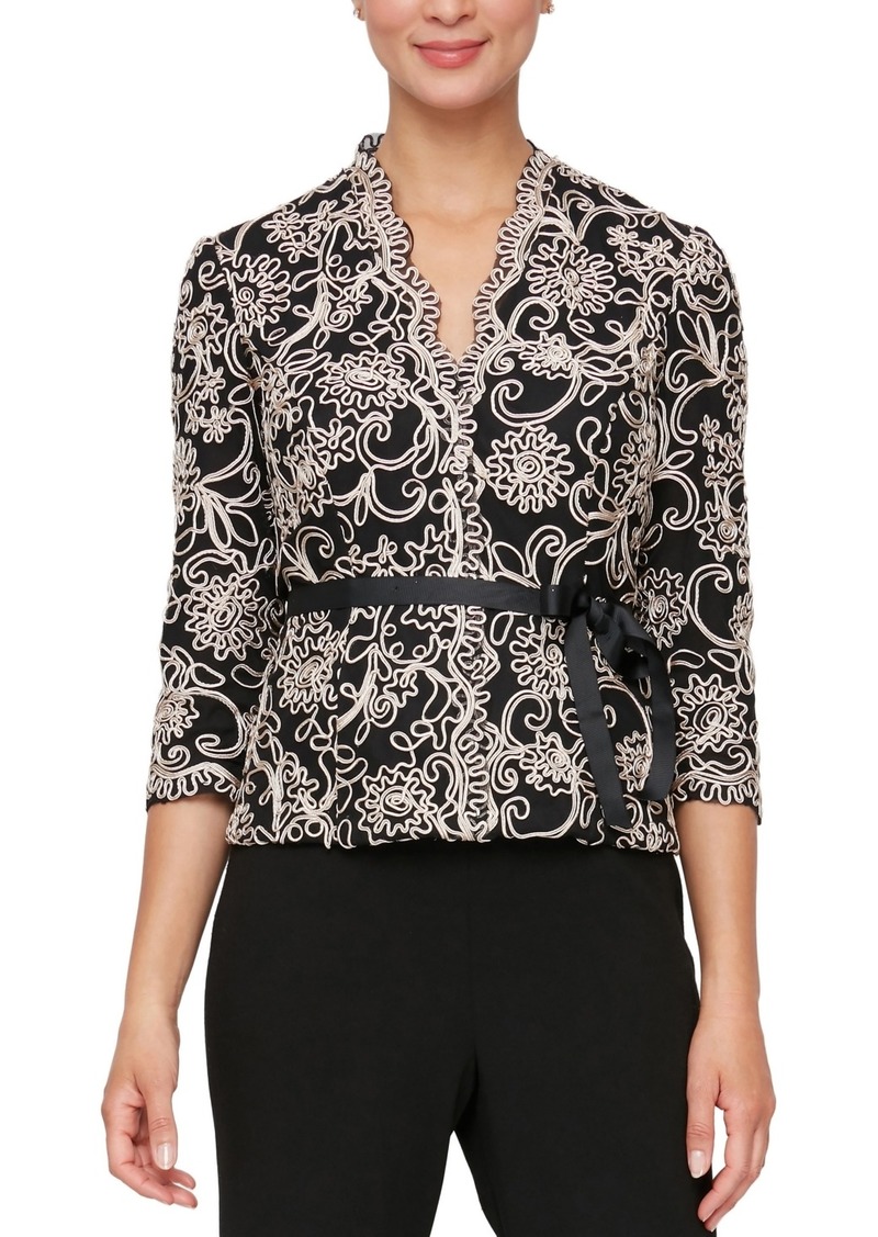 Alex Evenings Petite Floral-Embroidered 3/4-Sleeve Lace Top - Black/Taupe