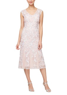 Alex Evenings Women's Tea Length Embroidered Cocktail Dress Featuring Godets-Special Occasions and Weddings (Petite and Regular Sizes) Shell Pink (3D Flower)