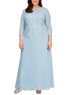 Alex Evenings Plus Sequined Scalloped Edge Lace Top Gown - Sky Blue