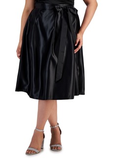 Alex Evenings Plus Size Belted Satin A-Line Midi Skirt - Black