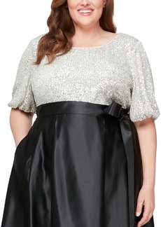 Alex Evenings Plus Size Boat-Neck Elbow-Sleeve Sequin Top - Ivory/Silver