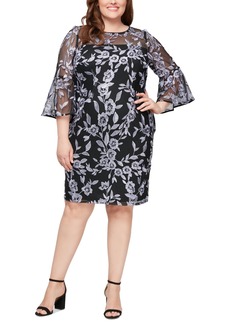 Alex Evenings Plus Size Embroidered Bell-Sleeve Illusion Dress - Black/Lavender
