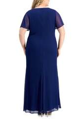 Alex Evenings Plus Size Flutter-Sleeve Embellished-Trim Gown - Electric Blue