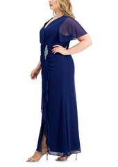 Alex Evenings Plus Size Flutter-Sleeve Embellished-Trim Gown - Electric Blue