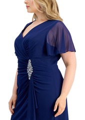 Alex Evenings Plus Size Flutter-Sleeve Embellished-Trim Gown - Electric Blue