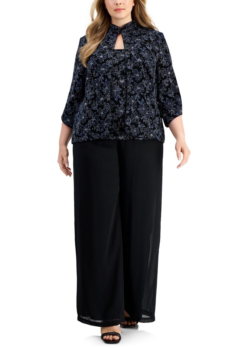 Alex Evenings Plus Size Glitter 3/4-Sleeve Jacket & Top - Black/ Navy