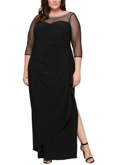 Alex Evenings Plus Size Illusion-Trim Ruffled Gown - Black