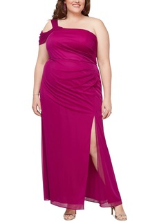 Alex Evenings Plus Size One-Shoulder Draped Evening Dress - Magenta