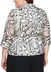 Alex Evenings Plus Size Printed 3/4-Sleeve Wrap Blouse - Ivory Black