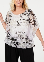 Alex Evenings Plus Size Printed Tiered Blouse - Ivory/Black Floral