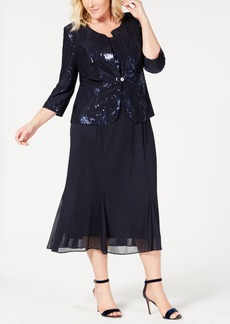 Alex Evenings Plus Size Sequined Chiffon Dress and Jacket - Navy