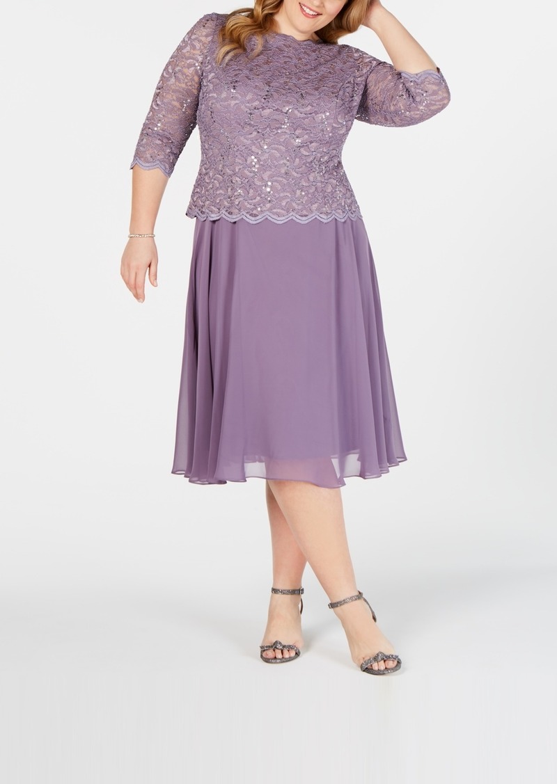 Alex Evenings Plus Size Sequined Lace A-Line Dress - Icy Orchid