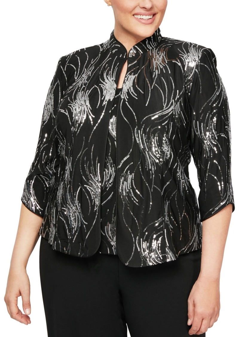 Alex Evenings Plus Size Sequined Twinset - Black Silver