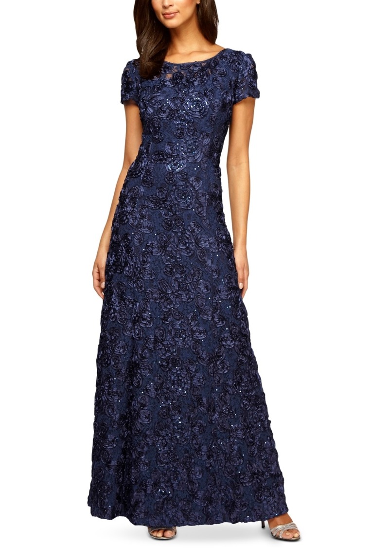 Alex Evenings Rosette A-Line Gown - Navy