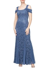 Alex Evenings Sequin Cold Shoulder Lace Gown