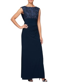 Alex Evenings Sequin Floral Bodice Cowl Back Formal Gown