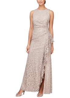 Alex Evenings Sequin Lace Cascading Ruffle Gown - Buff
