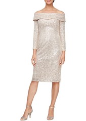 Alex Evenings Sequin Off the Shoulder Long Sleeve Sheath Dress