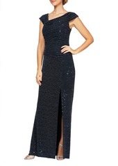 Alex Evenings Sequin Ruched Neck Sparkle Knit Gown in Navy/Silver at Nordstrom