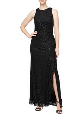 Alex Evenings Sequin Ruched Ruffle A-Line Gown