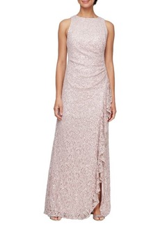 Alex Evenings Sequin Ruched Ruffle A-Line Gown