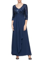 Alex Evenings Sequin Three-Quarter Sleeve Evening Gown