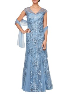 Alex Evenings Sequin Tulle Trumpet Gown with Shawl