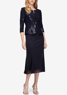 Alex Evenings Sequined A-Line Midi Dress and Jacket - Navy