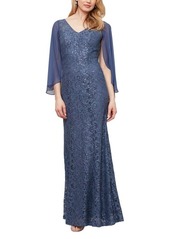 Alex Evenings V-Neck Sequin Lace Capelet Formal Gown