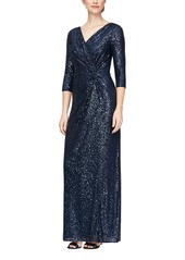 Alex Evenings Women's 3/4 and Long Sleeve Long Dress with Cinched Tie Waist Pewter Sequin