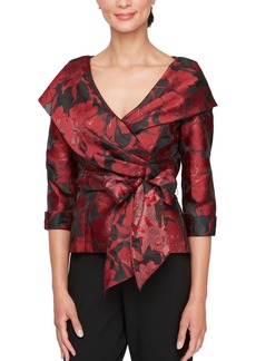 Alex Evenings Women's 3/4 Sleeve Portrait Collar Printed Stretch Jacquard Blouse with Tie Belt