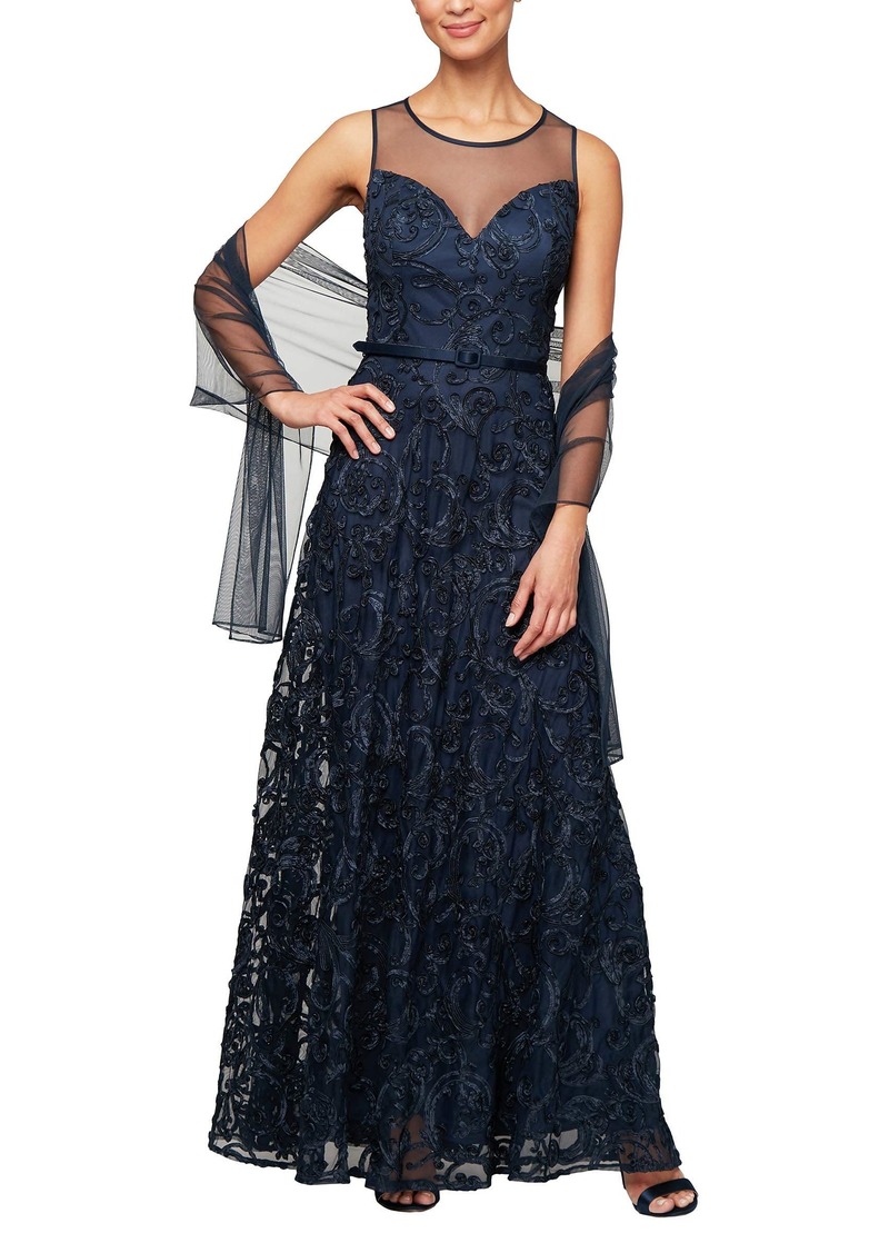 Alex Evenings Women's Cap Sleeve Embroidered Gown Dress (Petite and Regular Sizes)