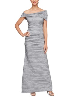 Alex Evenings Women's Crinkled Off-The-Shoulder Gown - Platinum