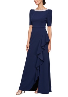 Alex Evenings Plus Size Embellished Boat-Neck Cascade Ruffle Gown - Navy