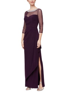 Alex Evenings Women's Embellished-Neck Side-Ruched Illusion Dress - Eggplant