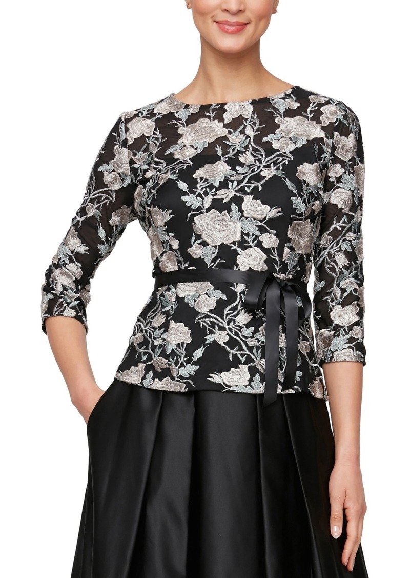 Alex Evenings Women's Embroidered Floral Belted Blouse - Black Buff