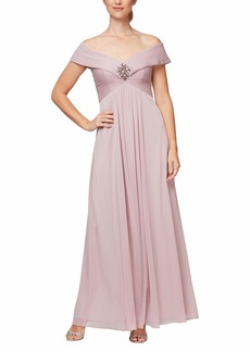 Alex Evenings Women's Long A-Line Off The Shoulder Dress with Ruching