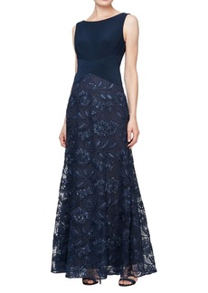 Alex Evenings Women's Long A-Line Rosette Dress with Short Sleeves Sequin Detail