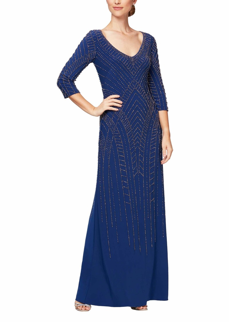 Alex Evenings Women's Long Beaded Fit and Flare Dress with 3/4 Sleeve