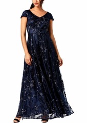 Alex Evenings Women's Long Cap Sleeve Embroidered Ballgown Dress with Sequin