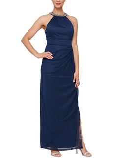 Alex Evenings Women's Long Formal Stretch Mesh Beaded Neck Dress