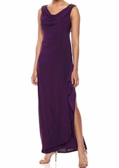 Alex Evenings Women's Long Dress with Beaded Shoulders and Cowl Neckline (Petite and Regular Sizes)  14P