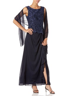 Alex Evenings Women's Long Embroidered Sleeveless Mock Dress with Shawl