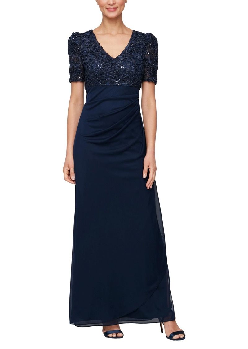 Alex Evenings Women's Long Empire Waist Dress with Soutache Bodice and Puff Sleeve