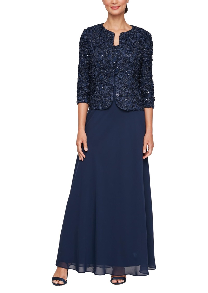 Alex Evenings Women's Long Empire Waist Two Piece Mother of The Bride Dress with Lace Jacket (Petite and Regular Sizes)