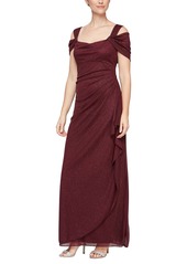 Alex Evenings Women's Long Glitter Mesh Cold Shoulder Dress (Petite and Regular) 12P Purple