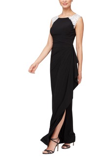 Alex Evenings Women's Long Jersey Dress with Ruched Front and Embellished Neckline (Petite and Regular Sizes)