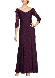 Alex Evenings Women's Long Lace Off The Shoulder Fit and Flare Dress