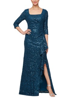 Alex Evenings Women's Long Length Sequin Mother of The Bride Gown Formal Event Dress with ¾ Sleeves and Cascade Ruffle