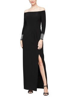 Alex Evenings Women's Long Matte Jersey Off the Shoulder Gown with Beaded Cuff Long Sleeves Black